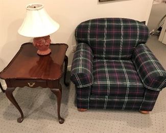 Councill Craftsman Chippendale-style side table; upholstered chair.