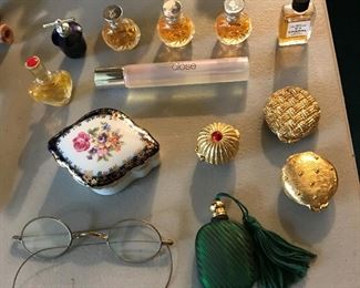 Trinket boxes; antique eyeglasses.