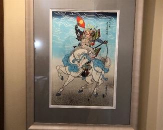 Sadanobu Hasegawa III woodblock print of a Warrior Sasaki Takatsuma. Fitted with a biographical sheet on verso, detailing the origins of the print and the tale of the warrior.