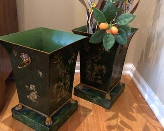 Pair of Green painted metal planter Oriental style