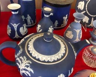 Wedgewood Teapot, 3 small vases, Coffee pot with metal lid, Cannister with metal lid Circa 1920's Dark blue Jasperware