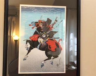 Sadanobu Hasegawa III woodblock print of a Warrior Sasaki Takatsuma. Fitted with a biographical sheet on verso, detailing the origins of the print and the tale of the warrior.
