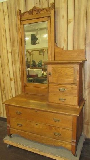 Oak Dresser w/Hat Box & Mirror