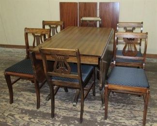 Mahogany Drop Leaf Dining Table w/3 Leaves & 6 Harp Back Chairs