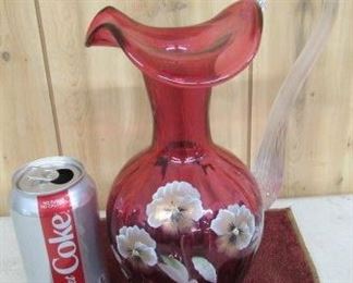 Fenton Cranberry Glass Hand Painted Pitcher
