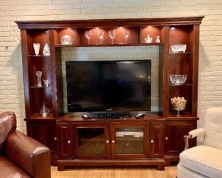 Lighted TV wall unit-entertainment center w/glass shelves - 7'8" X 6'3" - TV in cabinet is 52" with room to spare 