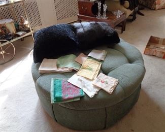 large hassock, linens