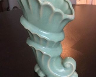 McCoy Aqua and Tan Cornucopia Vase https://ctbids.com/#!/description/share/207471