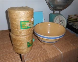 Yelloware bowl vintage  and N.O.S.  rolls of jute twine.