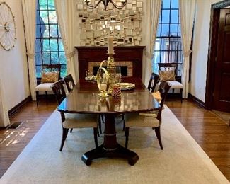 Baker dining table, chairs and wool rug