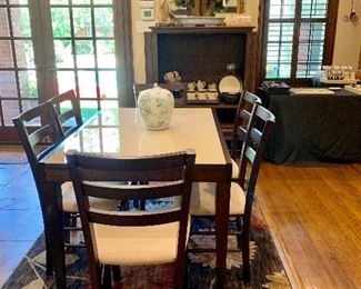 Italian glass & wood dining table & chairs.  Table extends to double length