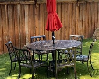 Frontgate outdoor dining table, 6 chairs & umbrella  (also have cushions)