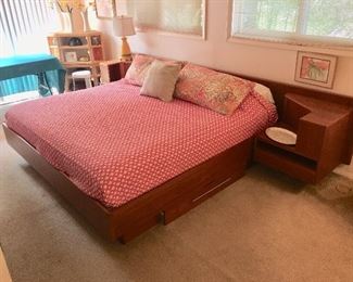 Mid Century King platform bed with attached floating end tables
