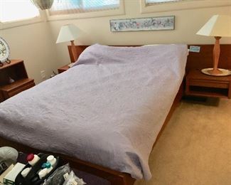 Mid Century Queen platform bed with attached floating end tables