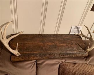 #62		1867 Salvaged heart of pine wood tray w antlers 	 $125.00 
