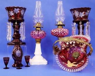 Cranberry Opalescent Lamps, Moser-type Brides Basket, Bohemian Lusters