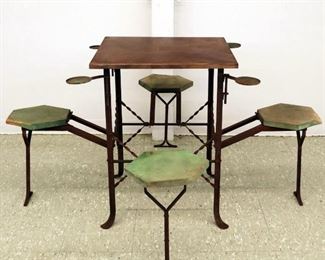 Lot 4:  An Early 20th Century Wood & Iron Games Table.  With swing out drink holders and four fold down hexagonal painted green wood stools.  Old, rusty surface.  24" x 24" x 30 1/2" high (closed).