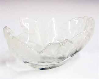 Lot 18: A Lalique Crystal "Compiegne" Bowl.  Frosted and clear crystal with repetitive leaf motif.  Etched signature "Lalique France".  Minor scratches at underside.  7 3/4" long.