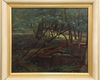 Lot 24: Frank Selzer, American, 1849-1916.  Oil on canvas laid on Masonite depicting a wooded landscape.  Estate stamp verso.  Some surface grunge.  Image is 10 1/2" x 9" high, framed 13 3/4" x 12 1/4" high overall. 