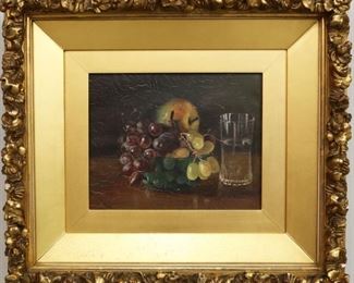 Lot 26 William Brewster Conely, American, 1830-1911.  Oil on canvas depicting still life with fruit. Signed lower left and dated "'89".  Heavy craquelure and some frame damage.  Image is 9 1/2" x 7 1/2" high, framed 17 3/4" x 15 3/4" high overall.
