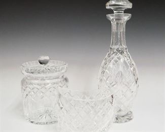 Lot 27: Three Pieces of Waterford Crystal.  Including a bowl, a biscuit barrel, and a decanter.  All with acid stamp mark.  Minor wear.  Up to 13 1/4".