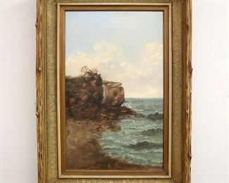 Lot 28: Main Seascape. An American Oil on Artist's Board.  Depicting a seascape; tag verso reads "White Head in Portland Harbor".  Unsigned.  Some surface grunge.  Image is 11" x 18" high, framed 17" x 24" high overall.