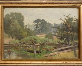 Lot 35: Frank Selzer, American, 1849-1916.  Oil on artist's board depicting a pastoral landscape.  Estate stamp verso.  Some surface grunge, chipped at all four corners.  Image is 12 3/4" x 8 1/2" high, framed 15 1/4" x 11" high overall. 