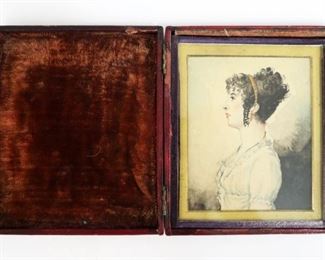 Lot 36: A 19th Century Watercolor on Paper.  In a leather folding case.  Wear and discoloration to the paper, wear and some damage to the case.  4 1/2" x 5 1/4" high. 