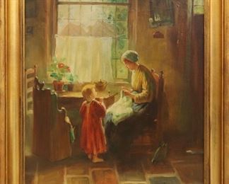 Lot 43: Early 20th Century German Genre Scene.  Interior scene depicting a mother and daughter.  Signed "Ziether" at the lower right.  Significant craquelure and surface grunge.   Image is 19 1/2" x 23 1/2" high, framed 24 1/2" x 28 1/2" high overall. 