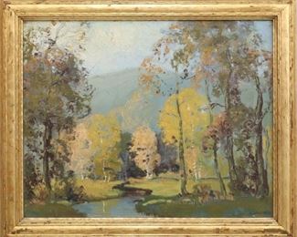 Lot 44: Landscape by E. Frederick.  Oil on canvas depicts an Autumn landscape; within the original gilt frame.  Craquelure, some paint loss, and surface grunge.  Image is 19 1/2" x 15 1/2" high, framed 23 1/2" x 19 1/2" high overall. 