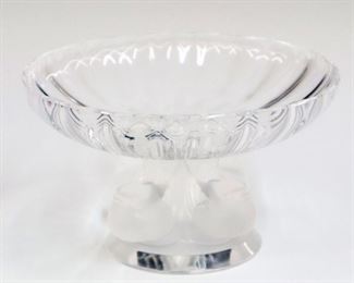 Lot 12: Lalique Crystal "Nogent" Compote.  Crystal compote with ribbed bowl and frosted base comprised of three songbirds.  Etched signature "Lalique France".  3 3/4" high. 