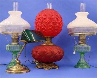 Red Satin Glass Lamp, Pr Aladdin Lamps, Emeralite Desk Lamp