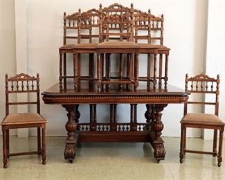 19th c French walnut trestle table  (49" x 59" with two 12" leafs), 8 oak chairs