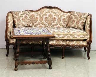 French walnut settee and tile top table