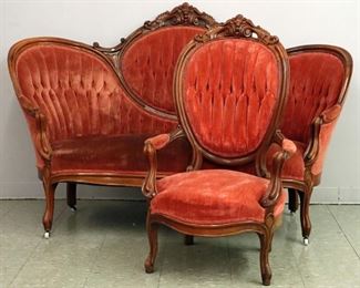 Walnut Victorian Settee and Chair