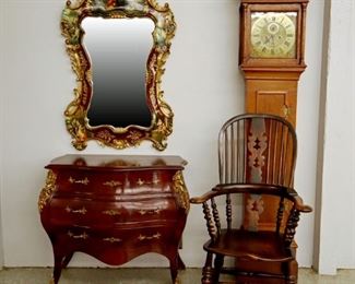 French Bombe Commode, Painted Mirror, English Grandfather GF Clock