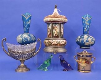 Blue enameled vases, Capodimonte music box, Pickard Condensed milk, Sterling & Crystal centerpiece 