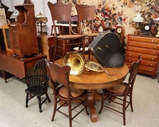 Holton 3 Key French Horn, Tiger Oak Table & Press Back Cane Seat Chairs, Child's Chair, Coal Box, etc.