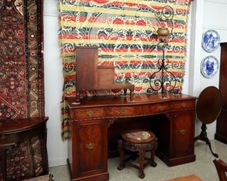 Chinese Hardwood Table, 19th c English Mahogany Bed steps , Copper Ketter &  wrought iron stand, early Coverlet, Delft