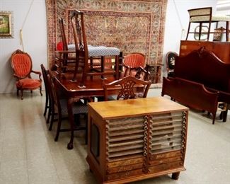 Walnut Ribbon Cabinet, 1920s Mahogany DIning Set, Victorian Chairs, Kerman Rug (11' x 14') 