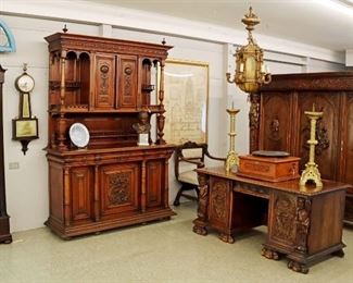 French Walnut Buffet, Italian Office Set,  Criterion Disc Music Box, 1920s Chandelier, Bronze Altar Sticks, 1930s Hershede Hall Clock, etc.