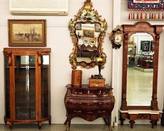 French  & Victorian Mirrors, Bombe Chest, Edison Standard Phonograph, Oak Curved Glass Cabinet, Dutch Seascape