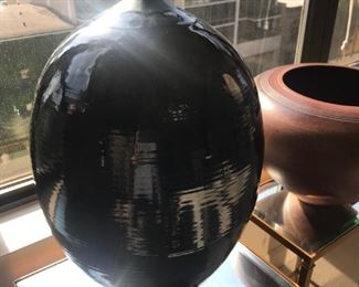 Black and dark blue glazed tall pot $200
