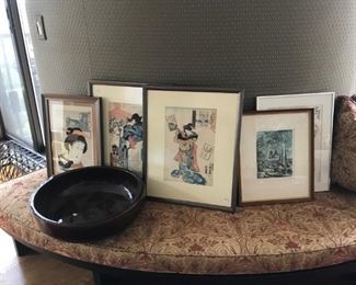 Japanese woodcuts $125 each, large pottery bowl $75