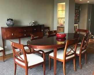 Modern Baker Furniture Oval Dining Table (82" x 42") with two 20" leaves. Eight chairs (Two arm, 6 side) $2800