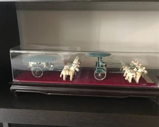 Asian Horse and Carriage artifact in glass case and fabric box $75