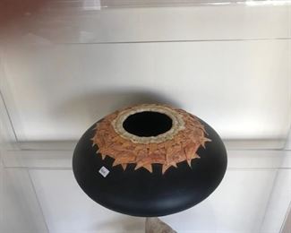 Michael Adcock black ceramic vessel with fiber $200