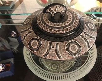 Navajo Pottery Jar by Marvin Blackmore. Lidded with Bear fetish , low profile jar with very intricate sgraffitto designs on inside, top, bottom, everywhere!!! Beautiful piece in perfect condition, $500