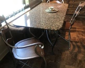 Great Dining/Kitchen Table or Desk with an iron base and granite top $275, Set of Three Iron and Leather Chairs $75 each