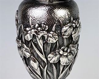 Japanese Meiji Sterling raised relief Vase